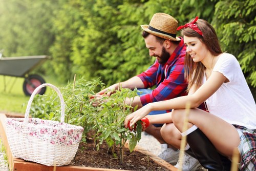 A man and a woman are gardening together outdoors in a garden space with lush green trees and shrubs in the background. The man, wearing a straw hat, a red and blue checkered shirt, and sunglasses, is focused on tending to a small plant or shrub in a raised flower bed, which is edged with wooden planks. The woman, dressed in a white T-shirt, plaid shorts, and black boots, is also engaged in planting or trimming, smiling gently as she works. Nearby, a white basket with a floral pattern holds gardening tools and supplies, resting on the edge of the flower bed. The garden features a neatly maintained lawn area, with dark, rich soil in the planting bed and a rustic outdoor setting that suggests a well-kept residential yard. The scene is illuminated by natural daylight, indicating a pleasant weather condition suitable for outdoor gardening activities, aligning with professional gardening and lawn care services such as those offered by Lawn Mowing Willesden in the local area around NW10 postcode.